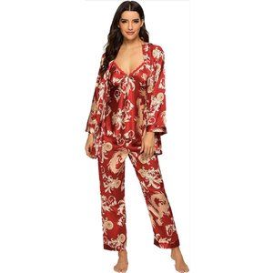 Red and Beige Dragon 🐉 Print Satin 3 Piece Pajama Set Size M